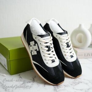 NIB Tory Burch T-Logo Nylon Suede Vintage Sneaker 2.0 in Black/White
